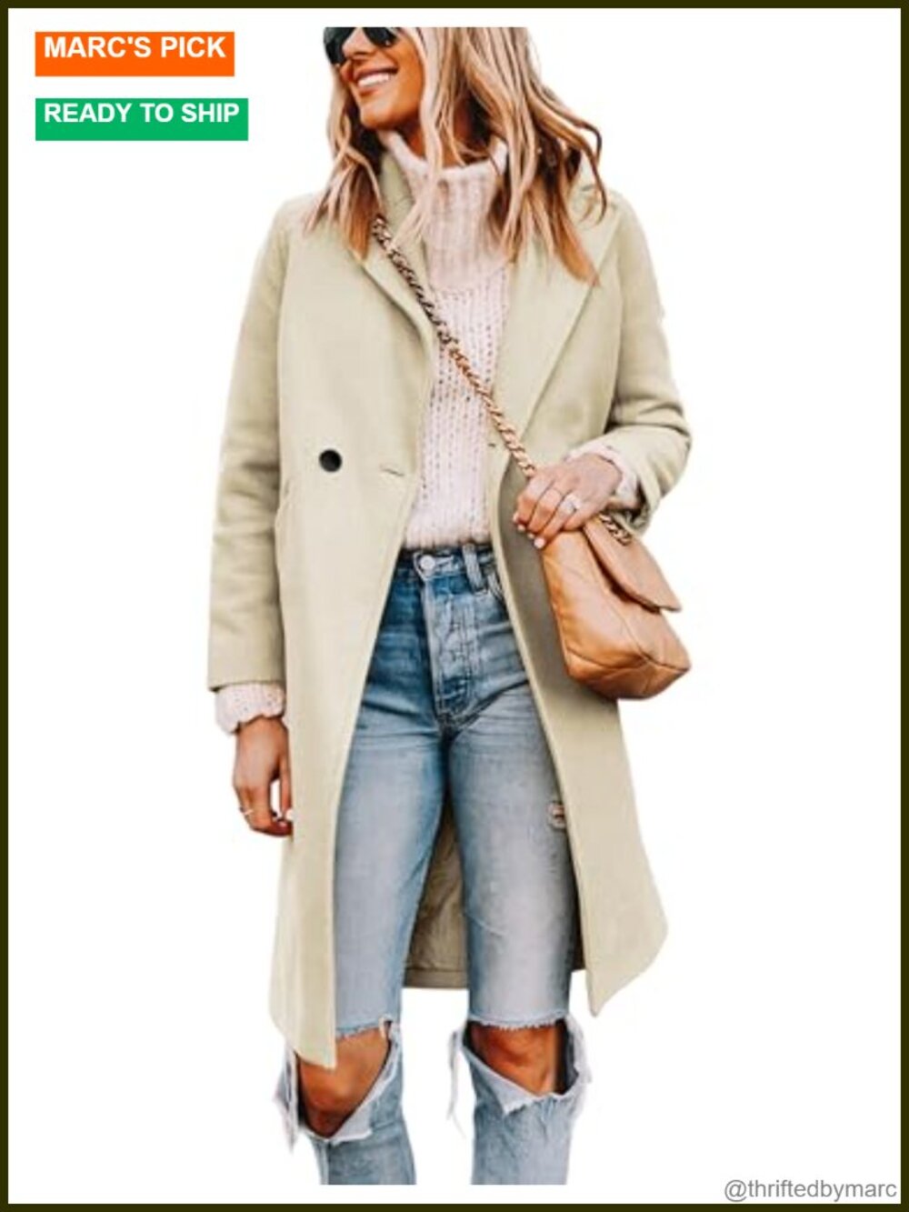 Wool Blend Long Pea Coat Trench Notched Lapel Knee Length